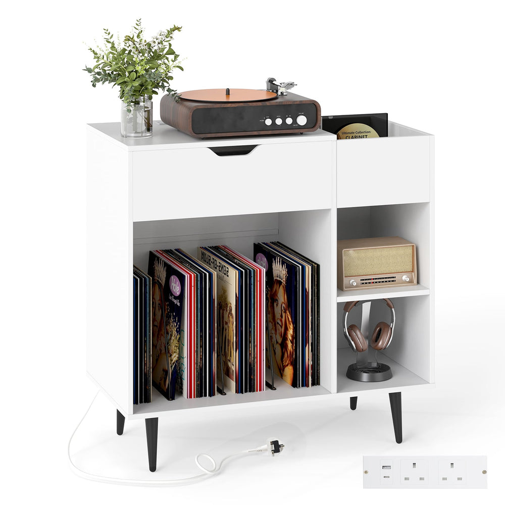 Record Player Stand with Built-In Power Strip and 3 Dividers-White