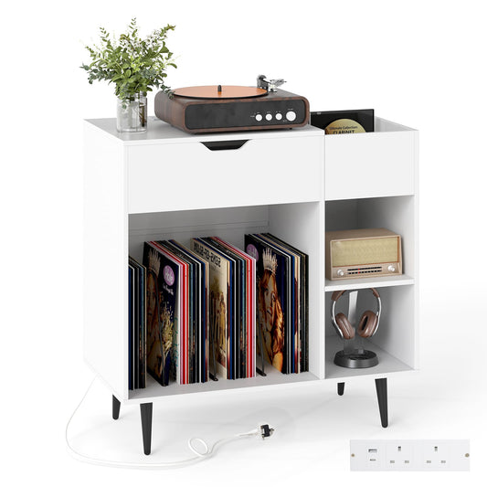 Record Player Stand with Built-In Power Strip and 3 Dividers-White