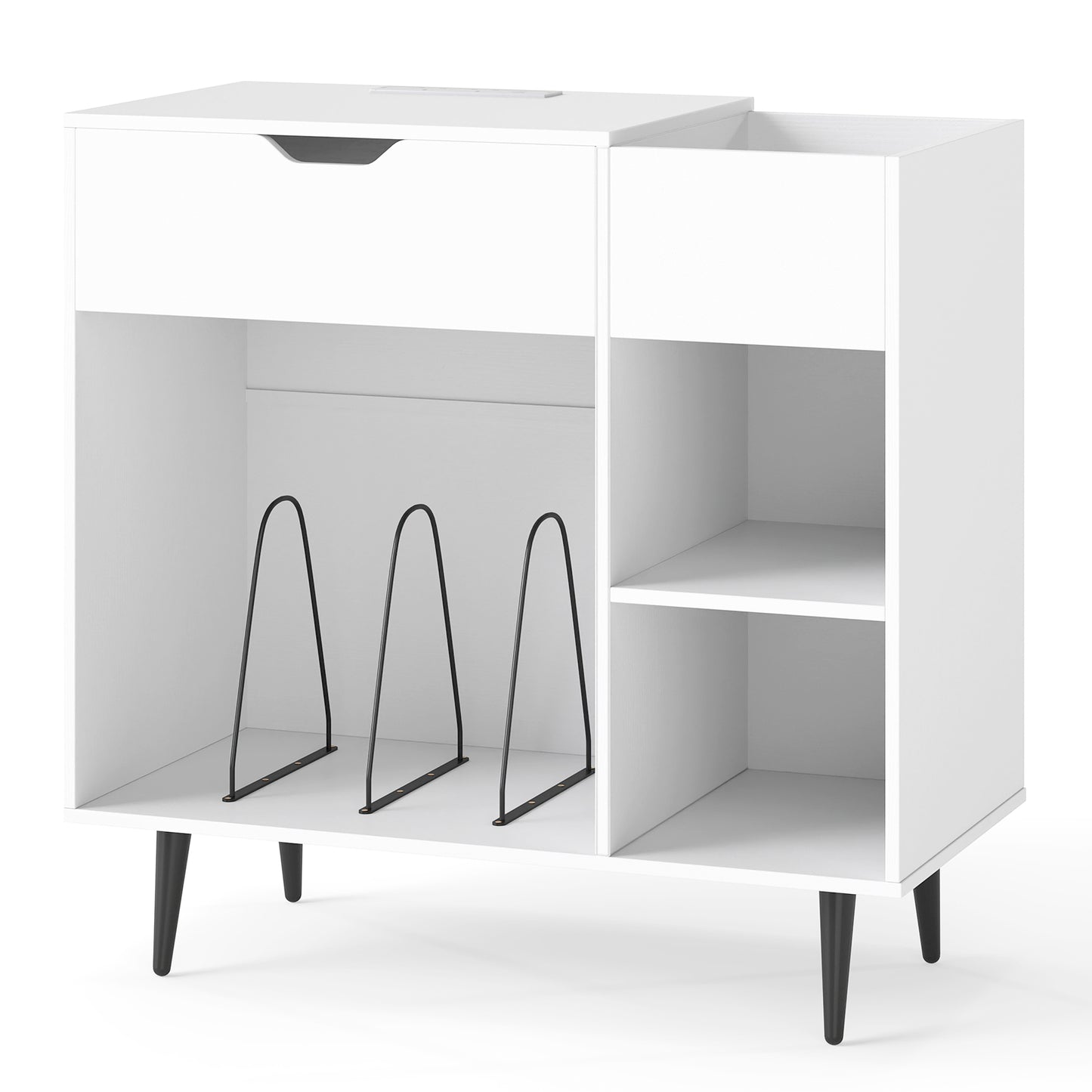 Record Player Stand with Built-In Power Strip and 3 Dividers-White