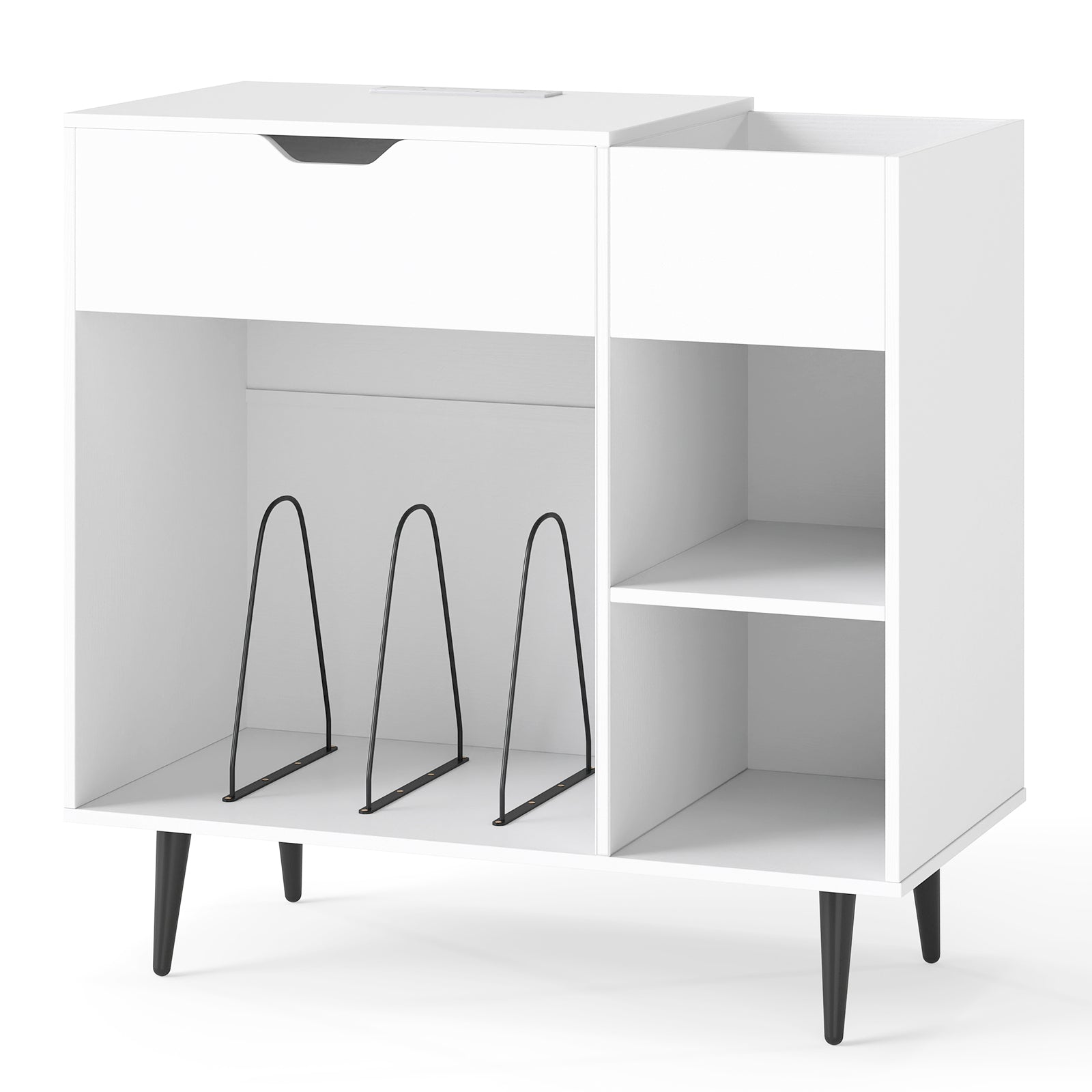 Record Player Stand with Built-In Power Strip and 3 Dividers-White