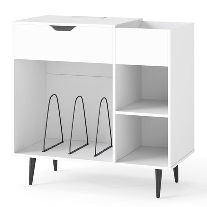 Record Player Stand with Built-In Power Strip and 3 Dividers-White