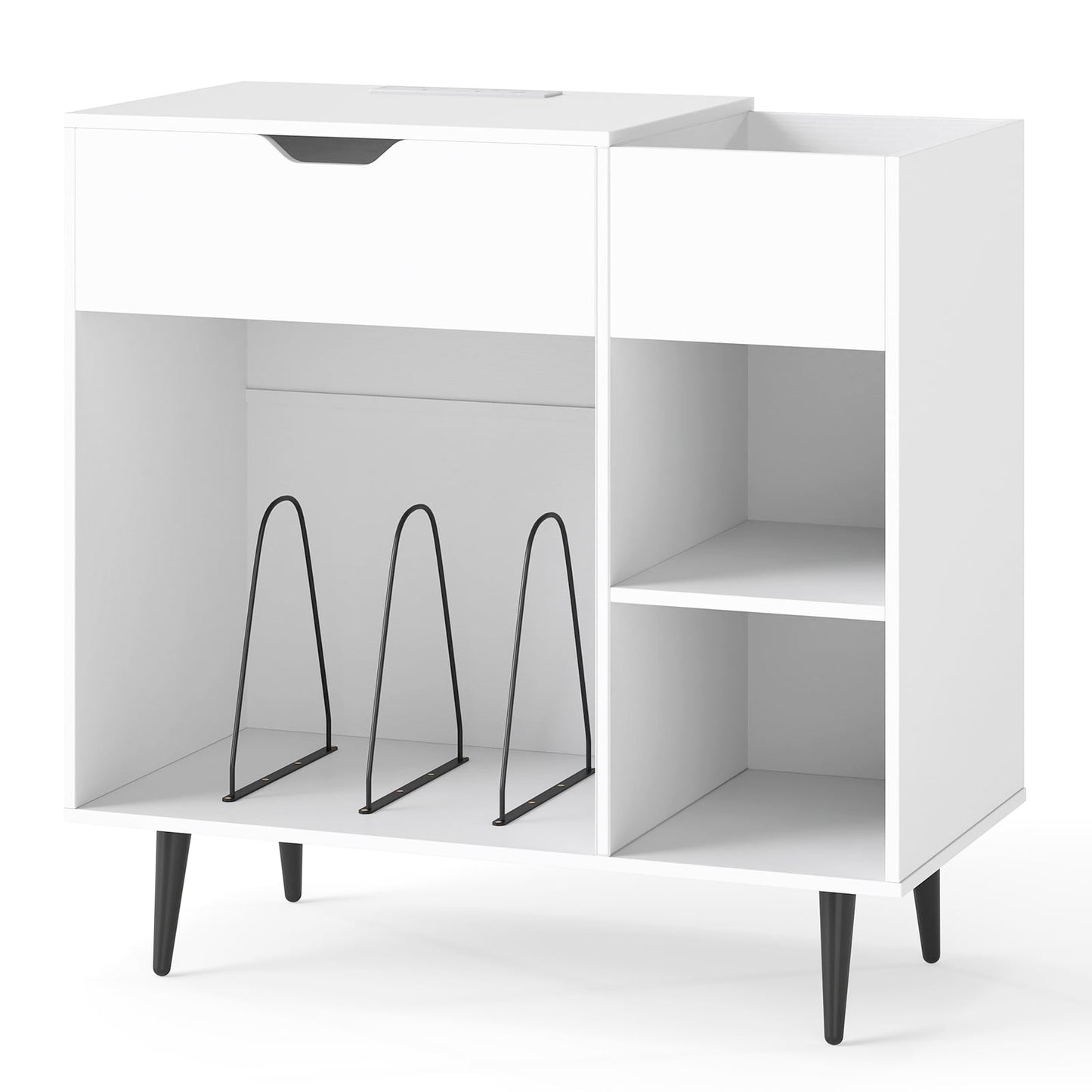 Record Player Stand with Built-In Power Strip and 3 Dividers-White