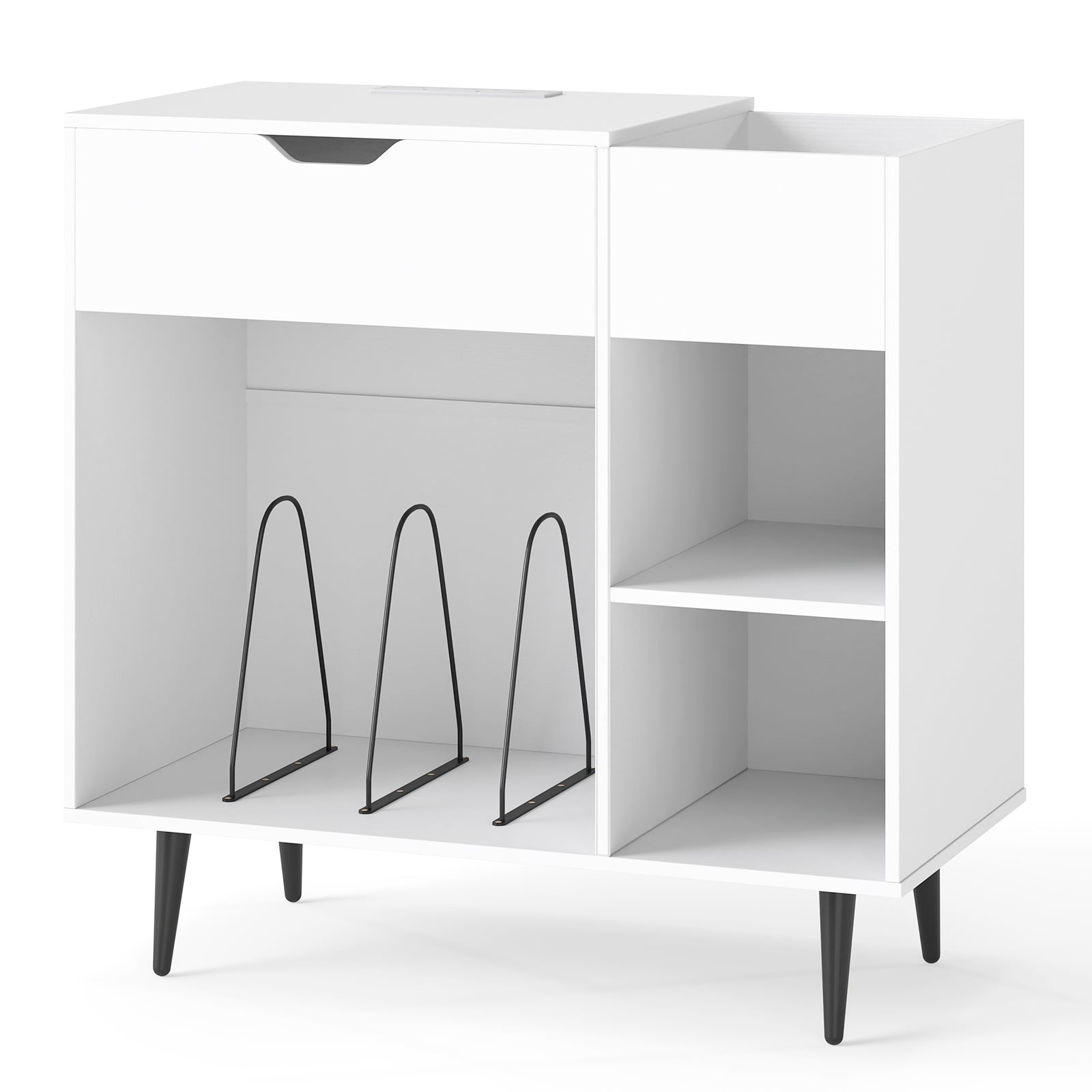 Record Player Stand with Built-In Power Strip and 3 Dividers-White