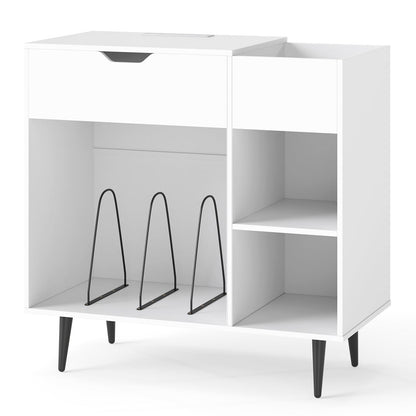 Record Player Stand with Built-In Power Strip and 3 Dividers-White
