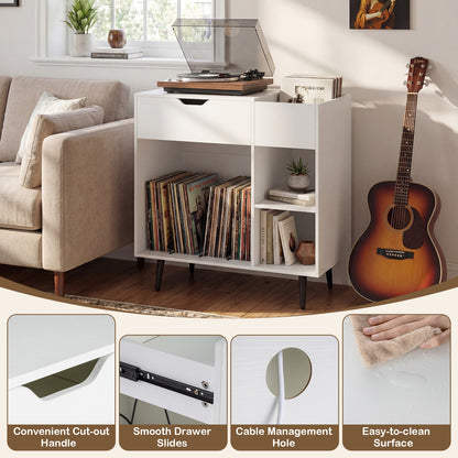 Record Player Stand with Built-In Power Strip and 3 Dividers-White