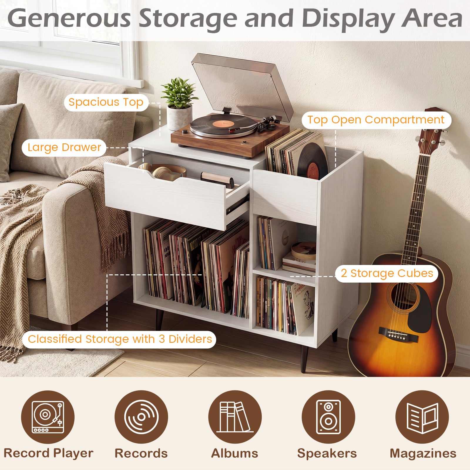 Record Player Stand with Built-In Power Strip and 3 Dividers-White