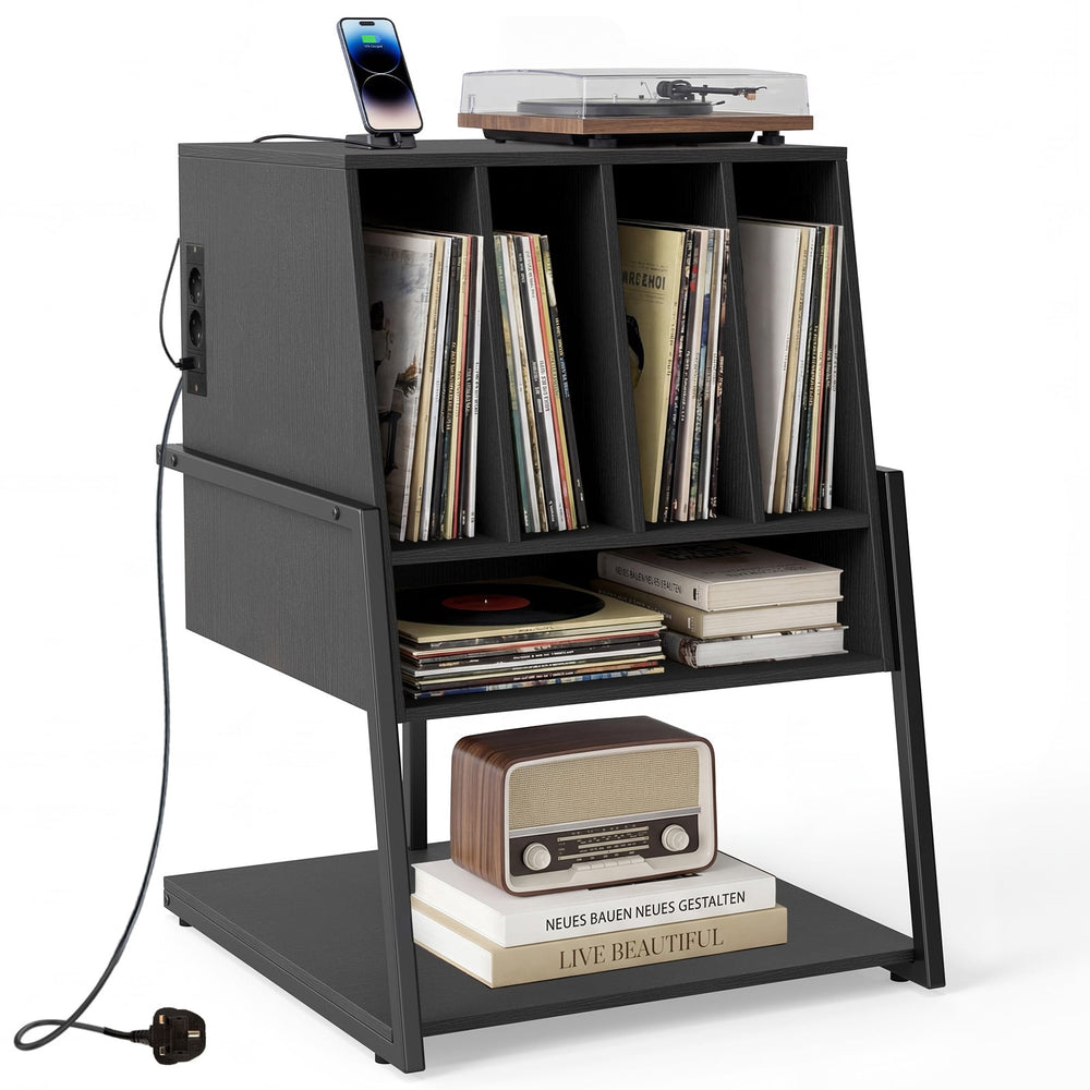 Record Player Stand with Charging Station Turntable Stand with Vinyl Storage Holder-Black