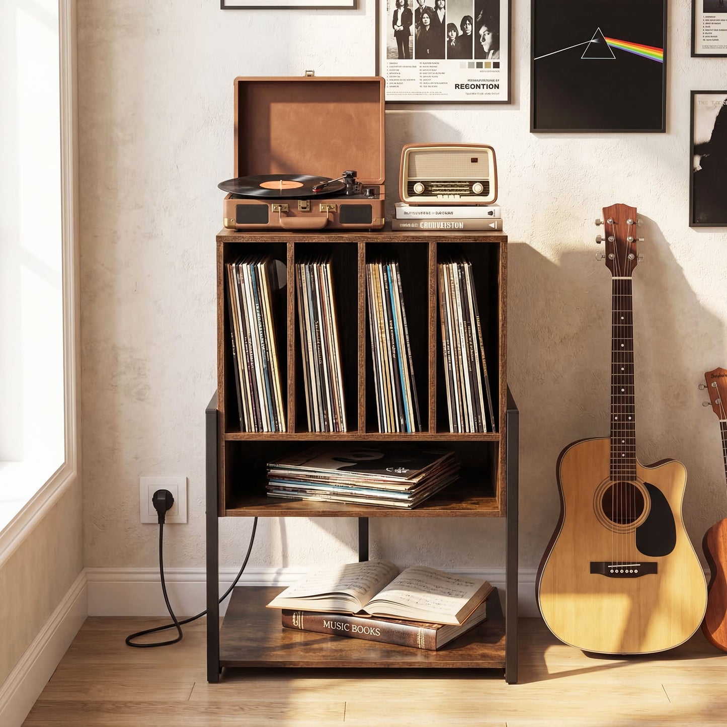 Record Player Stand with Charging Station Turntable Stand with Vinyl Storage Holder-Rustic Brown