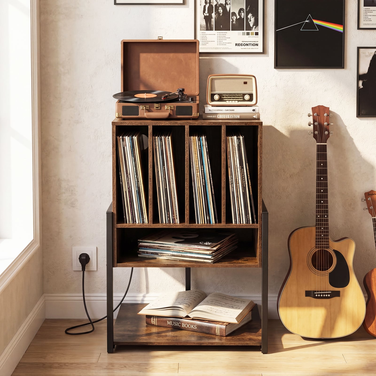 Record Player Stand with Charging Station Turntable Stand with Vinyl Storage Holder-Rustic Brown