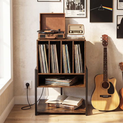 Record Player Stand with Charging Station Turntable Stand with Vinyl Storage Holder-Rustic Brown
