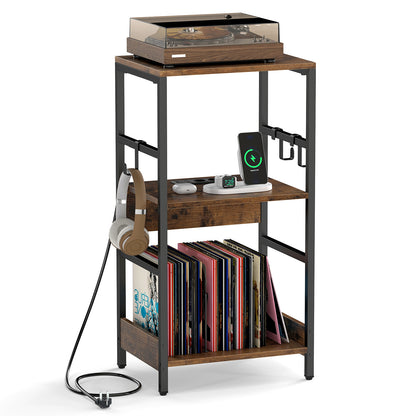 Record Player Stand with Charging Station and Vinyl Storage Holder for Living Room-Brown