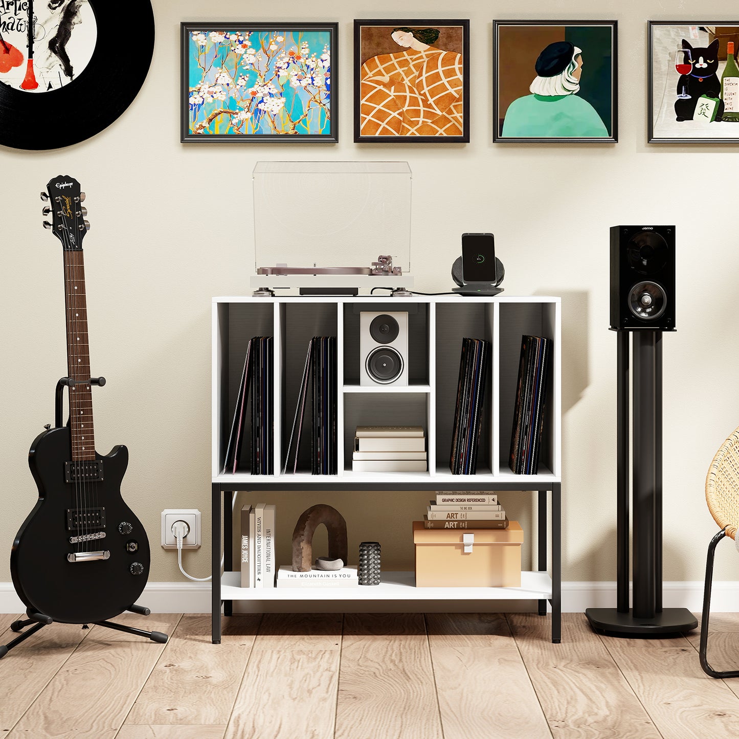 Record Player Stand with Charging Station for Living Room-White