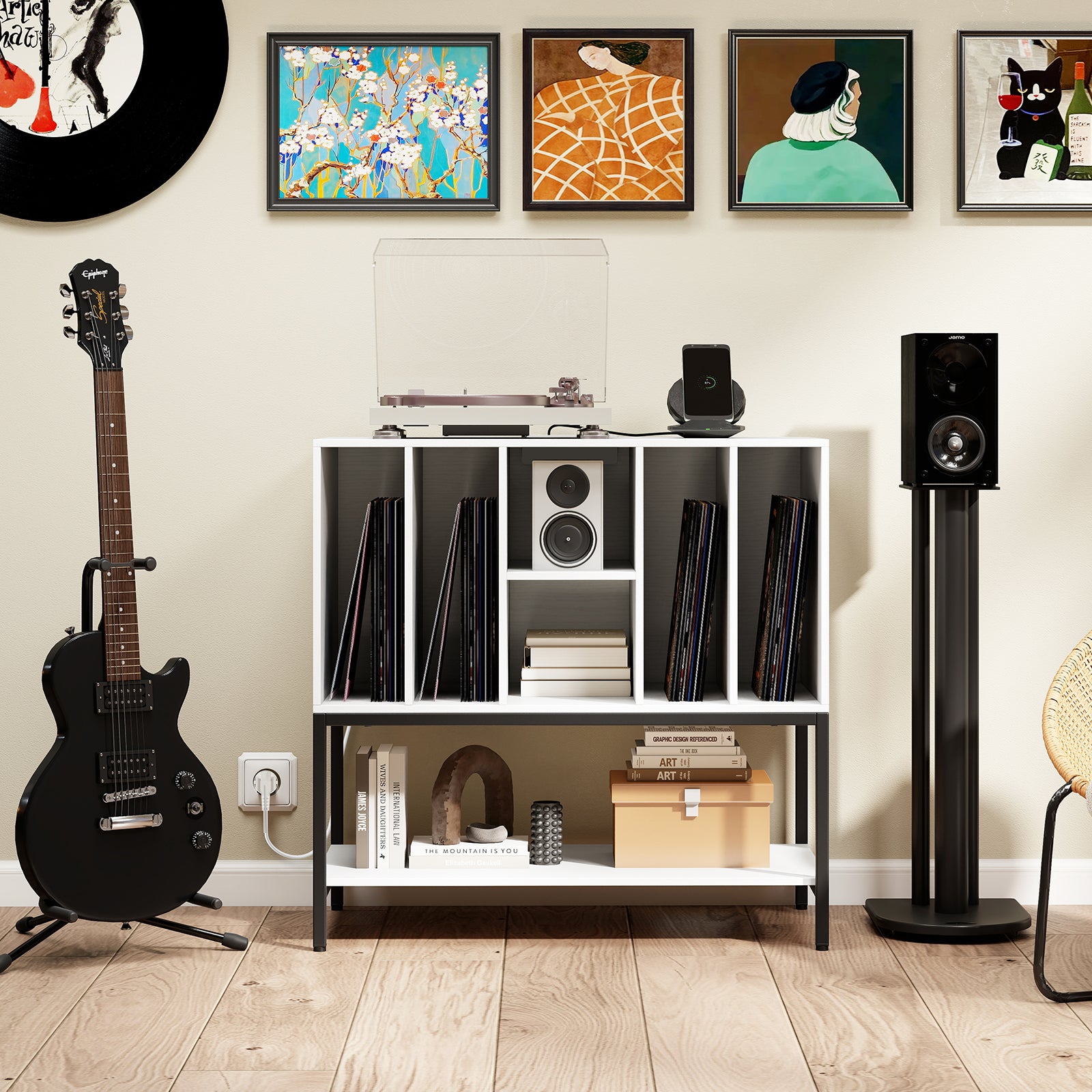 Record Player Stand with Charging Station for Living Room-White
