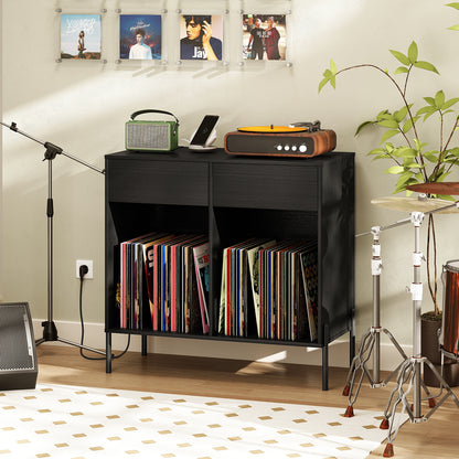 Record Player Stand with Power Outlets and Drawers for Living Room-Black