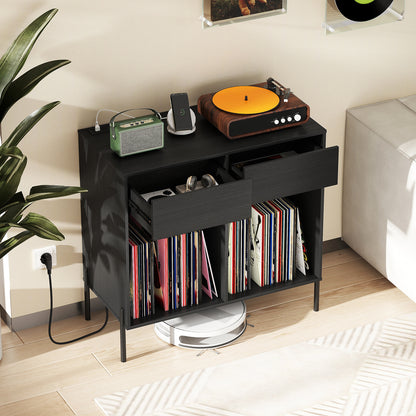 Record Player Stand with Power Outlets and Drawers for Living Room-Black