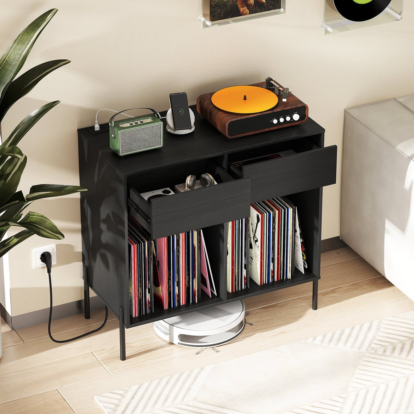 Record Player Stand with Power Outlets and Drawers for Living Room-Black