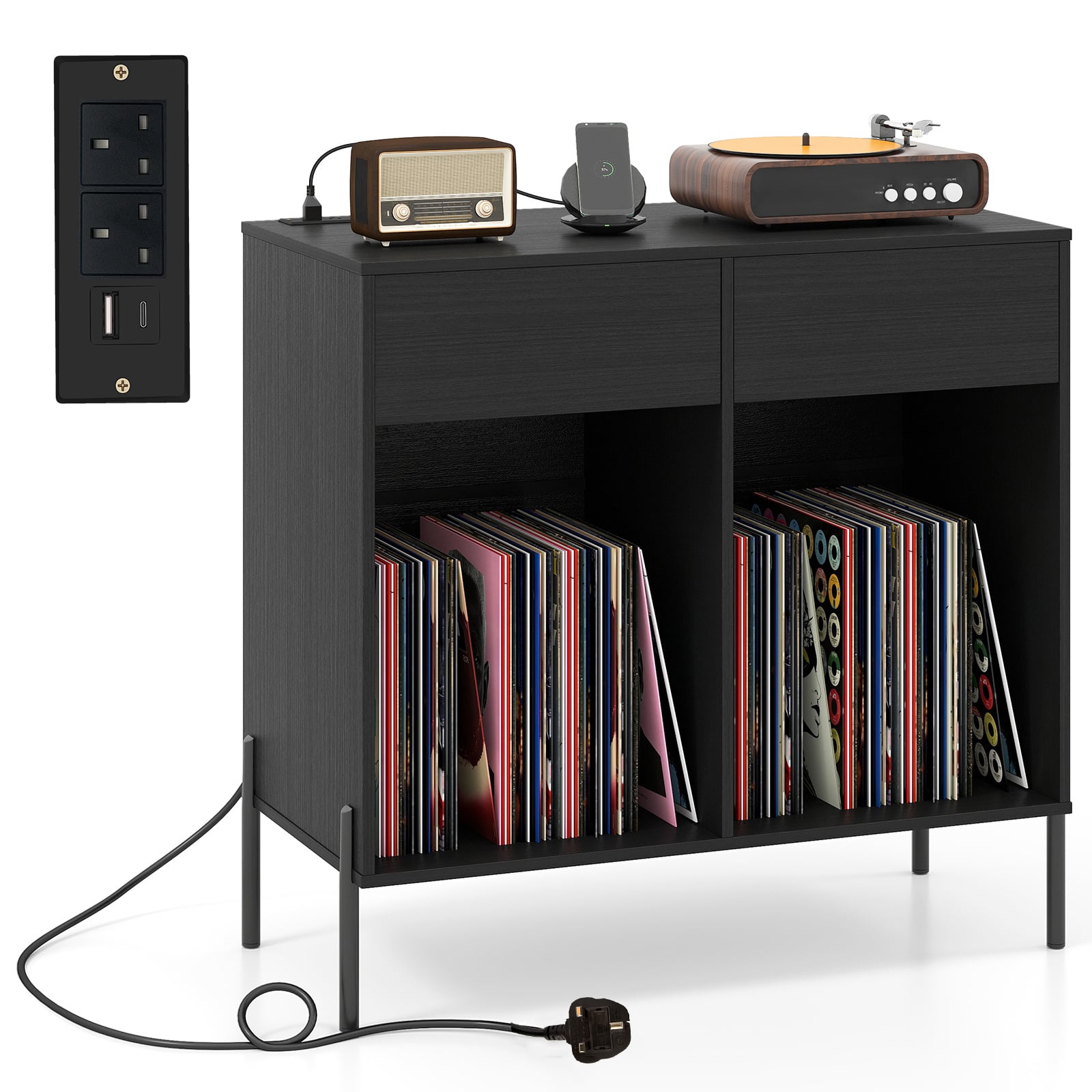Record Player Stand with Power Outlets and Drawers for Living Room-Black