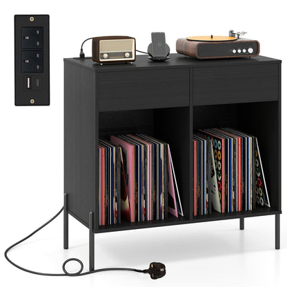 Record Player Stand with Power Outlets and Drawers for Living Room-Black