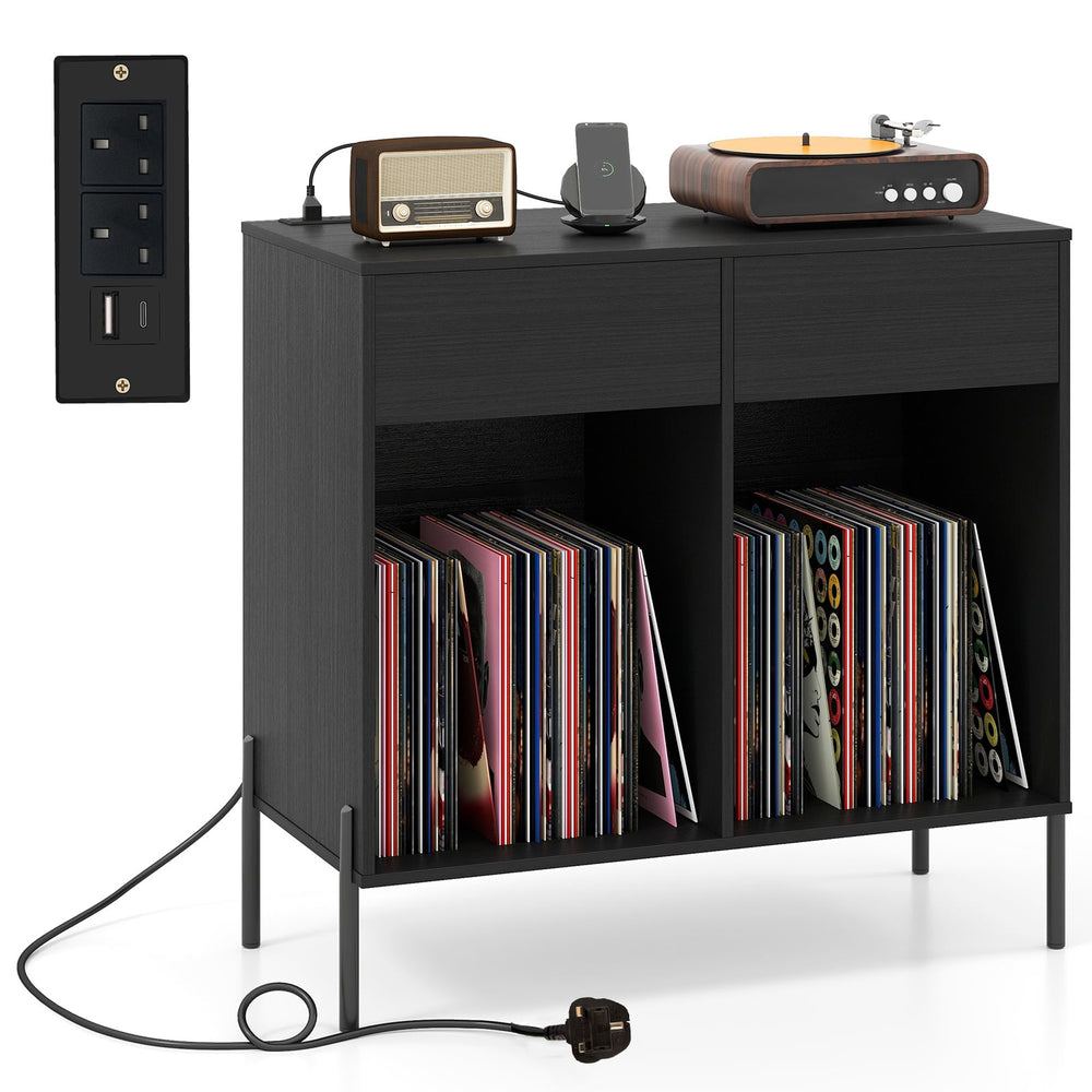 Record Player Stand with Power Outlets and Drawers for Living Room-Black