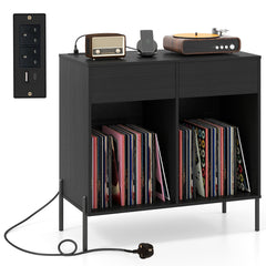 Record Player Stand with Power Outlets and Drawers for Living Room-Black