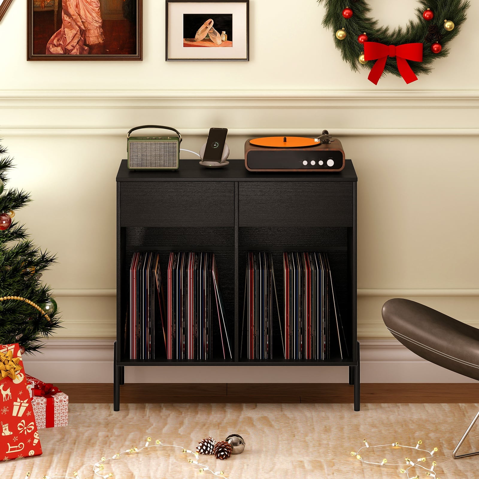 Record Player Stand with Power Outlets and Drawers for Living Room-Black