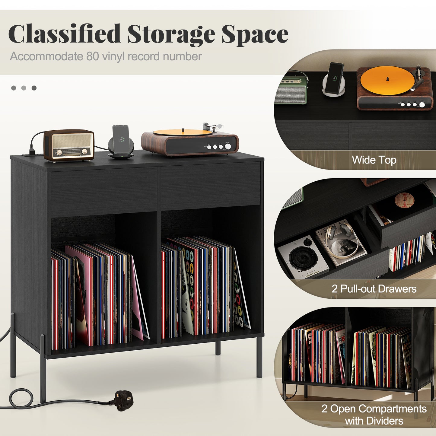Record Player Stand with Power Outlets and Drawers for Living Room-Black