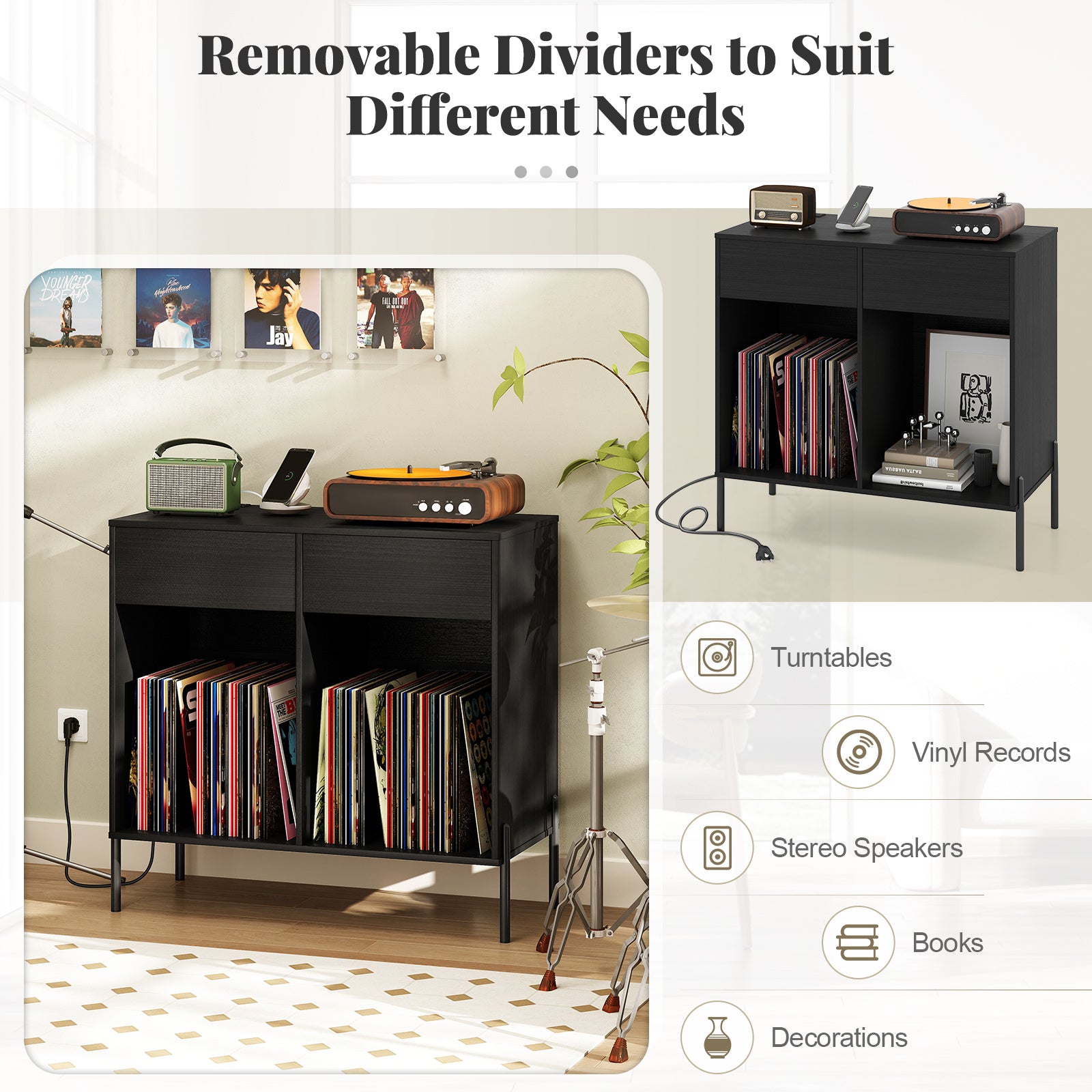 Record Player Stand with Power Outlets and Drawers for Living Room-Black
