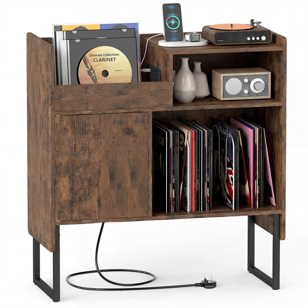 Record Player Stand with Power Outlets and Open Shelf-Rustic Brown