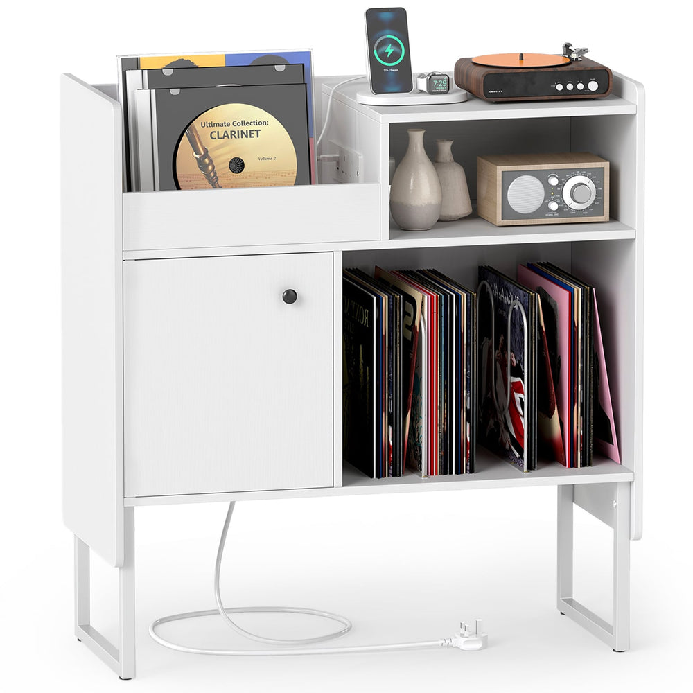 Record Player Stand with Power Outlets and Open Shelf-White