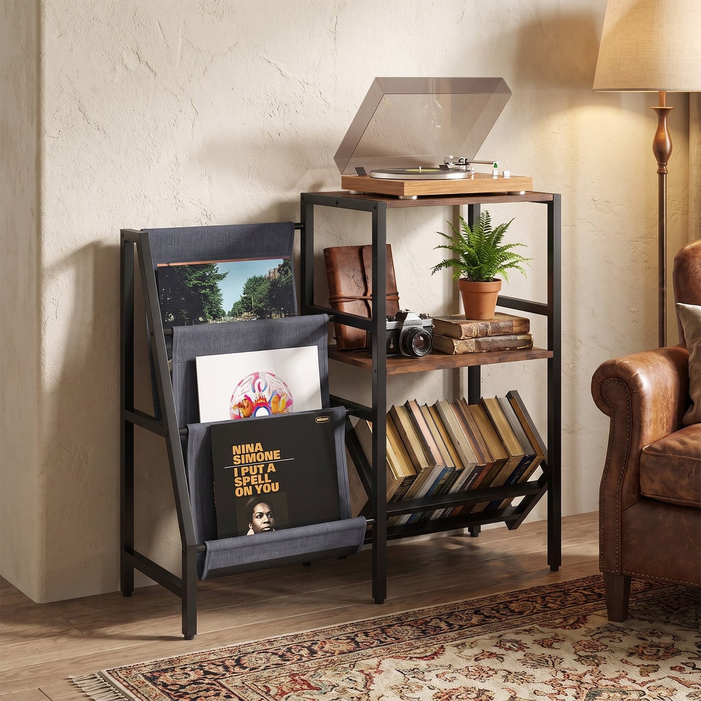 Record Player Stand with Vinyl Record Storage Shelf for 400+ Albums-Rustic Brown