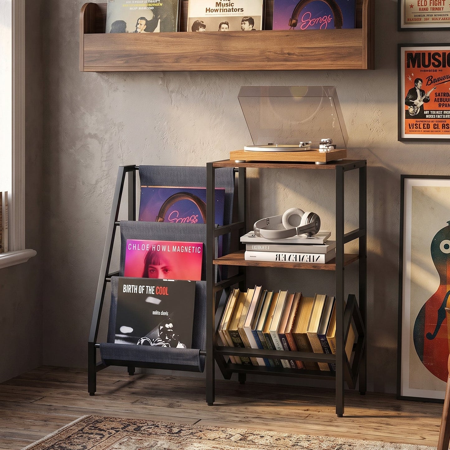 Record Player Stand with Vinyl Record Storage Shelf for 400+ Albums-Rustic Brown
