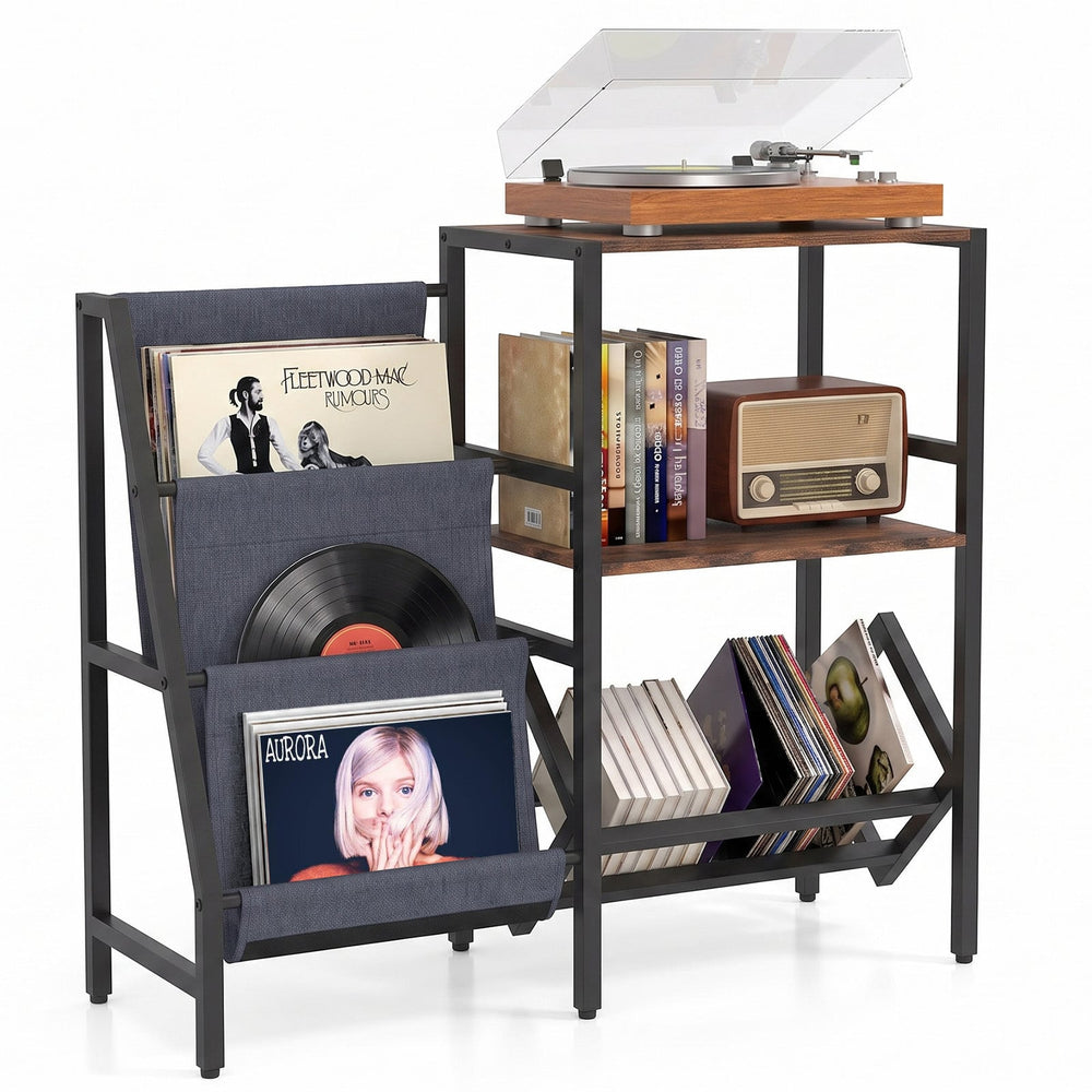 Record Player Stand with Vinyl Record Storage Shelf for 400+ Albums-Rustic Brown