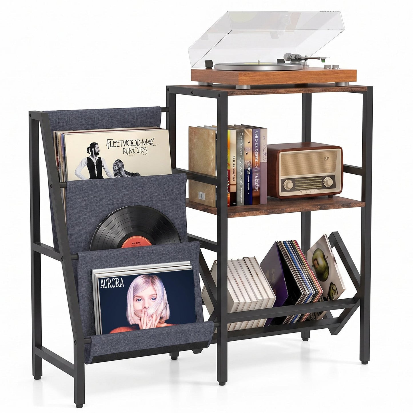 Record Player Stand with Vinyl Record Storage Shelf for 400+ Albums-Rustic Brown