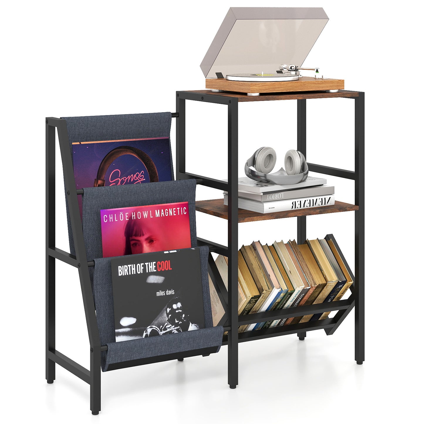 Record Player Stand with Vinyl Record Storage Shelf for 400+ Albums-Rustic Brown