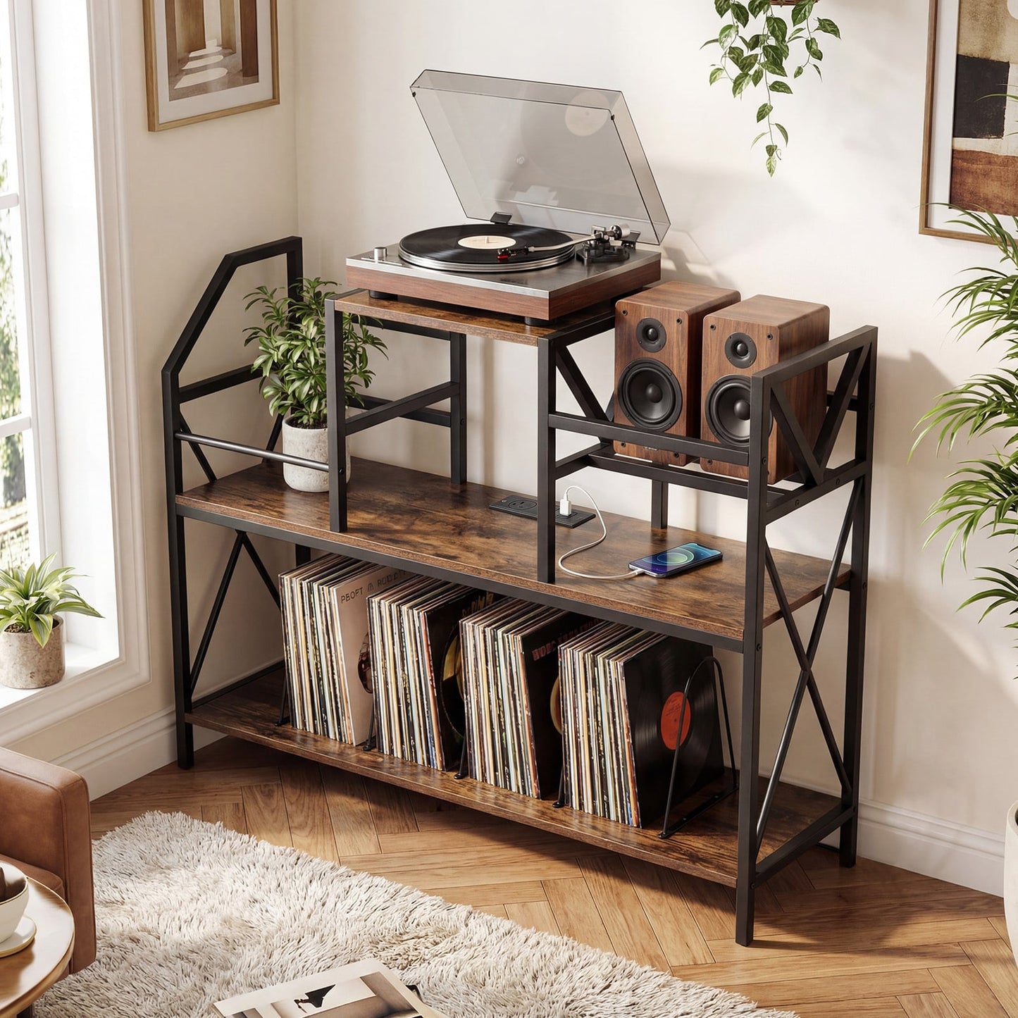 Record Player Stand with Vinyl Storage Power Outlets and Dividers for Albums-Rustic Brown