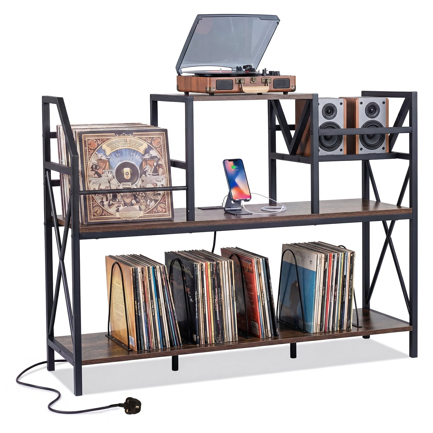 Record Player Stand with Vinyl Storage Power Outlets and Dividers for Albums-Rustic Brown