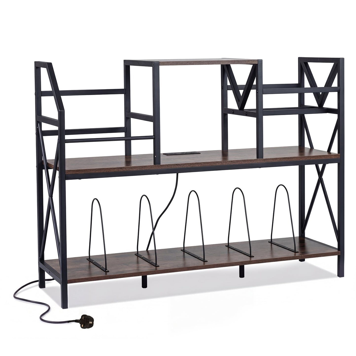 Record Player Stand with Vinyl Storage Power Outlets and Dividers for Albums-Rustic Brown