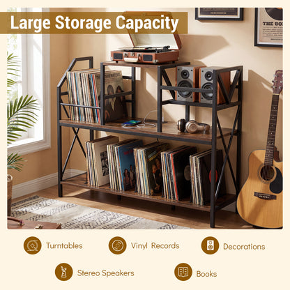 Record Player Stand with Vinyl Storage Power Outlets and Dividers for Albums-Rustic Brown