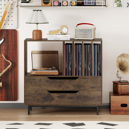 Record Player Stand Mid Century Turntable Stand with Open Compartment-Brown