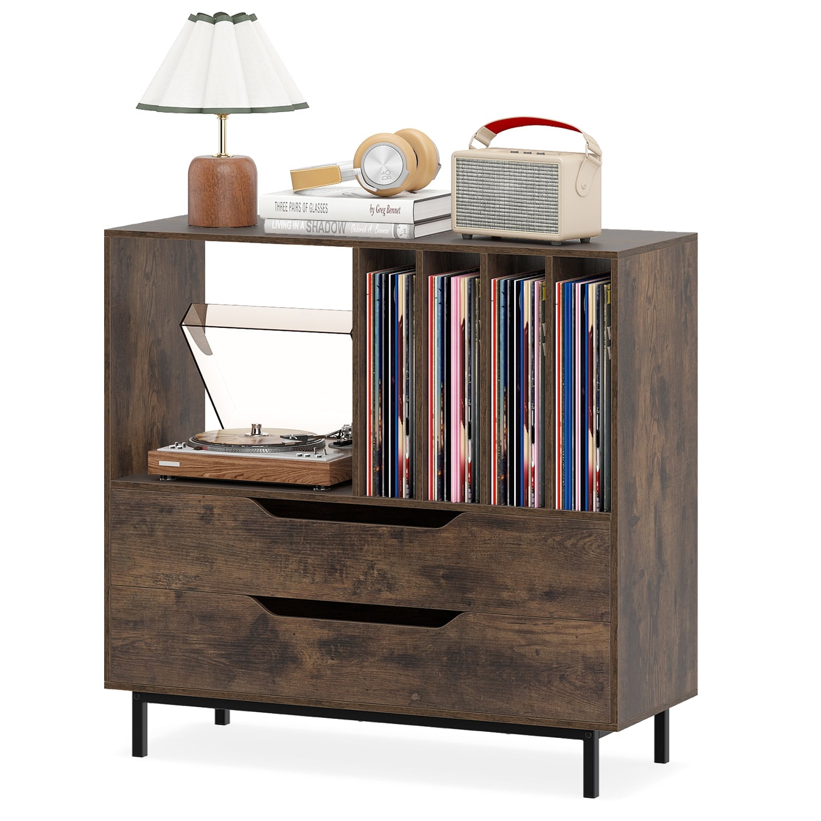 Record Player Stand Mid Century Turntable Stand with Open Compartment-Brown