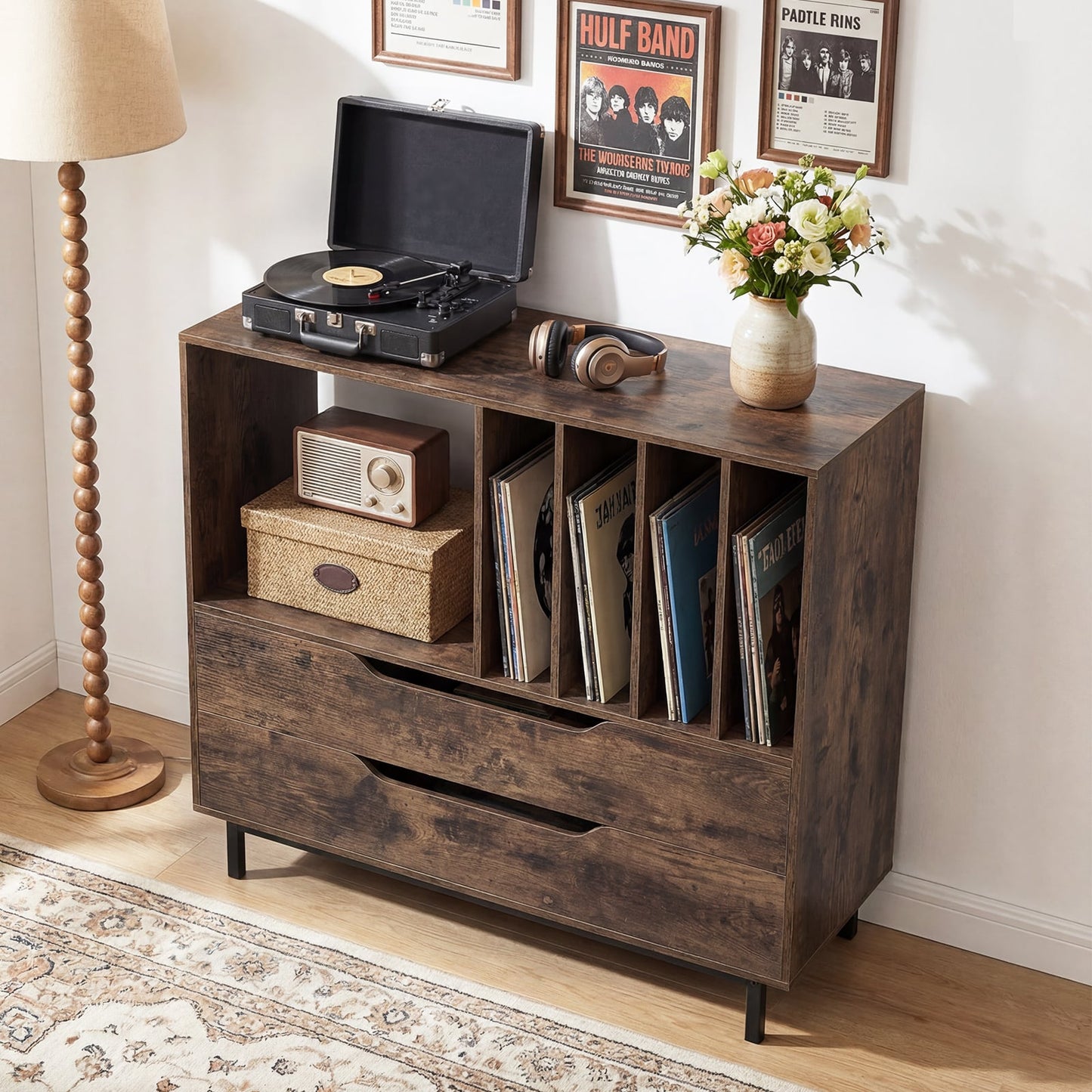Record Player Stand Mid Century Turntable Stand with Open Compartment-Brown