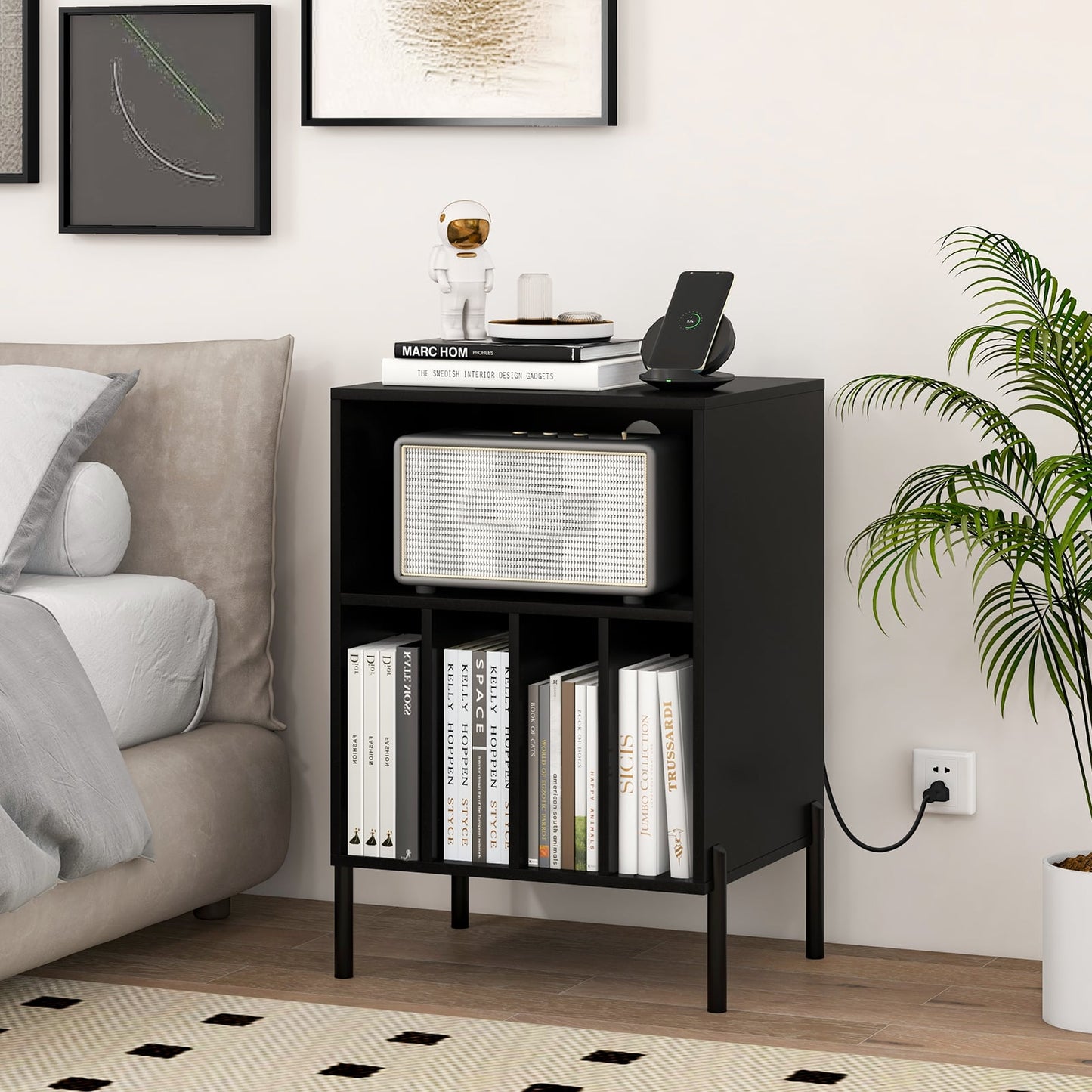 Record Player Stand Turntable Stand with Charging Station-Black