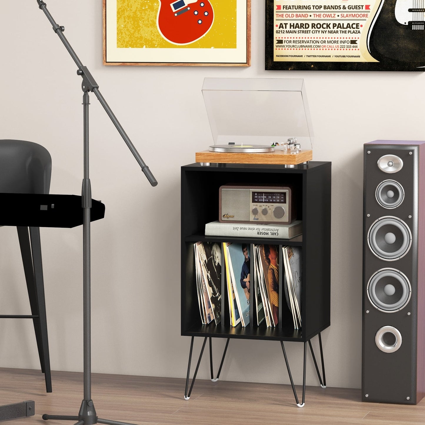 Record Player Stand 3-Tier Turntable Stand with Charging Station Vinyl Record Storage Table-Black