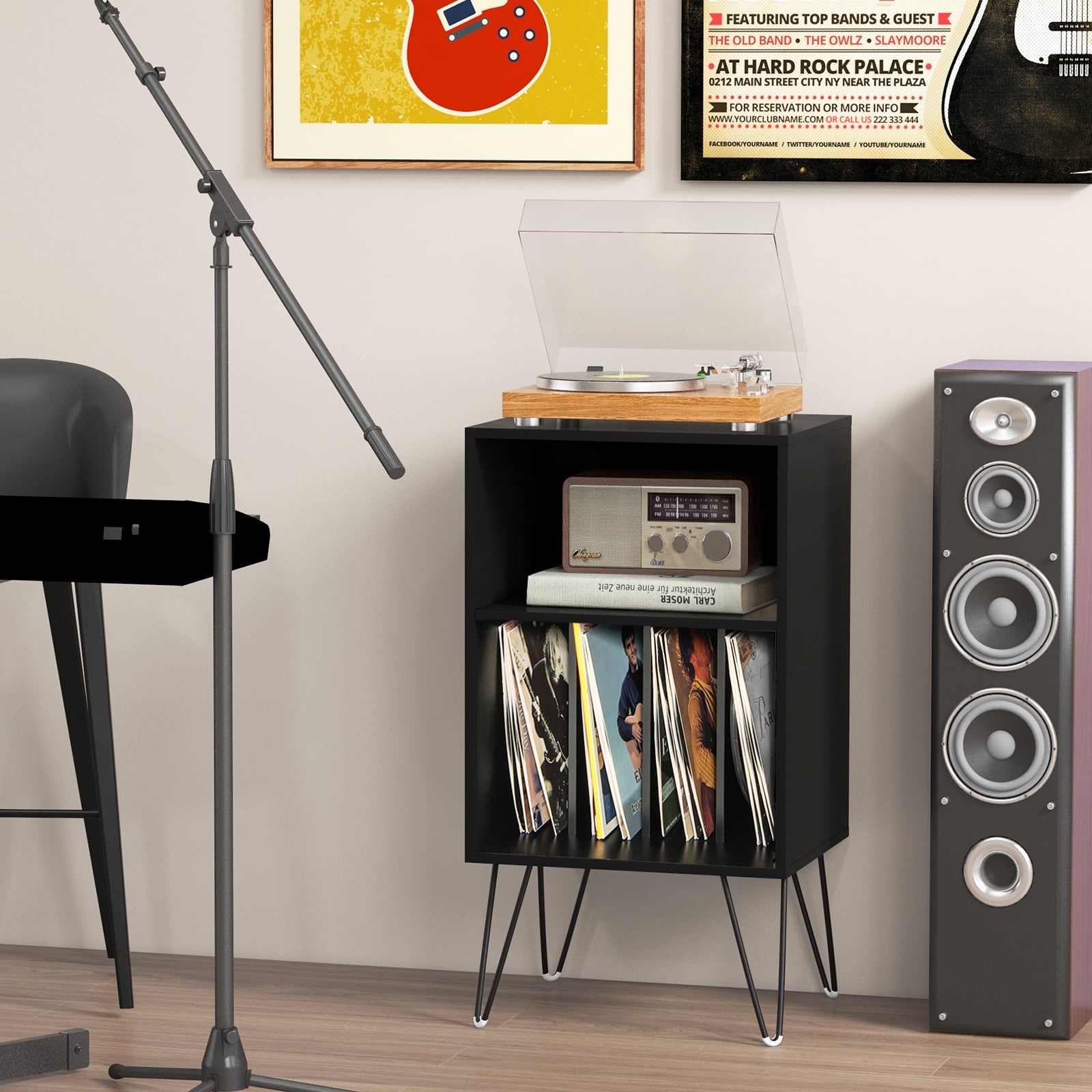 Record Player Stand 3-Tier Turntable Stand with Charging Station Vinyl Record Storage Table-Black
