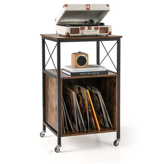 Record Player Stand with Built-in Charging Station-Brown