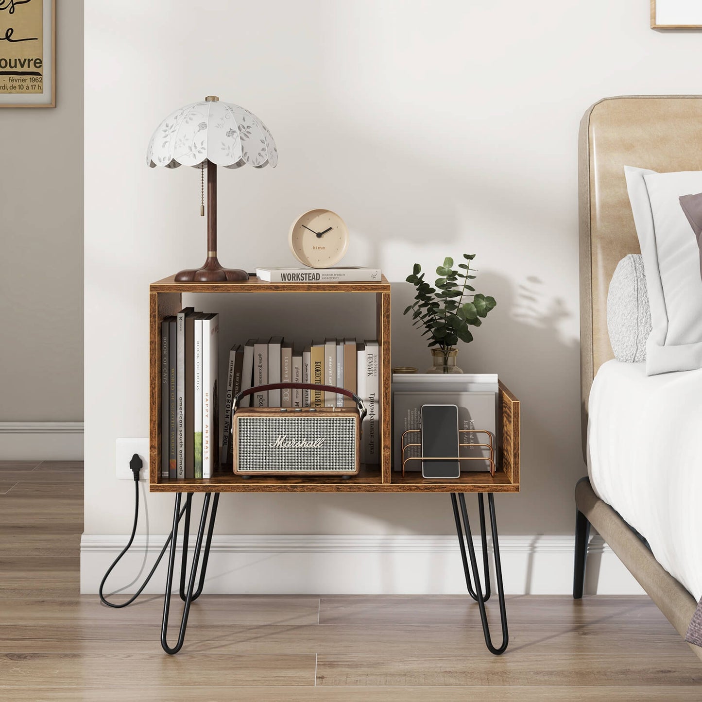 Record Player Stand with Power Outlet and Removable Dividers-Rustic Brown