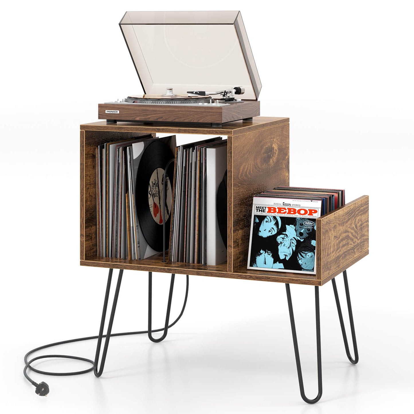 Record Player Stand with Power Outlet and Removable Dividers-Rustic Brown
