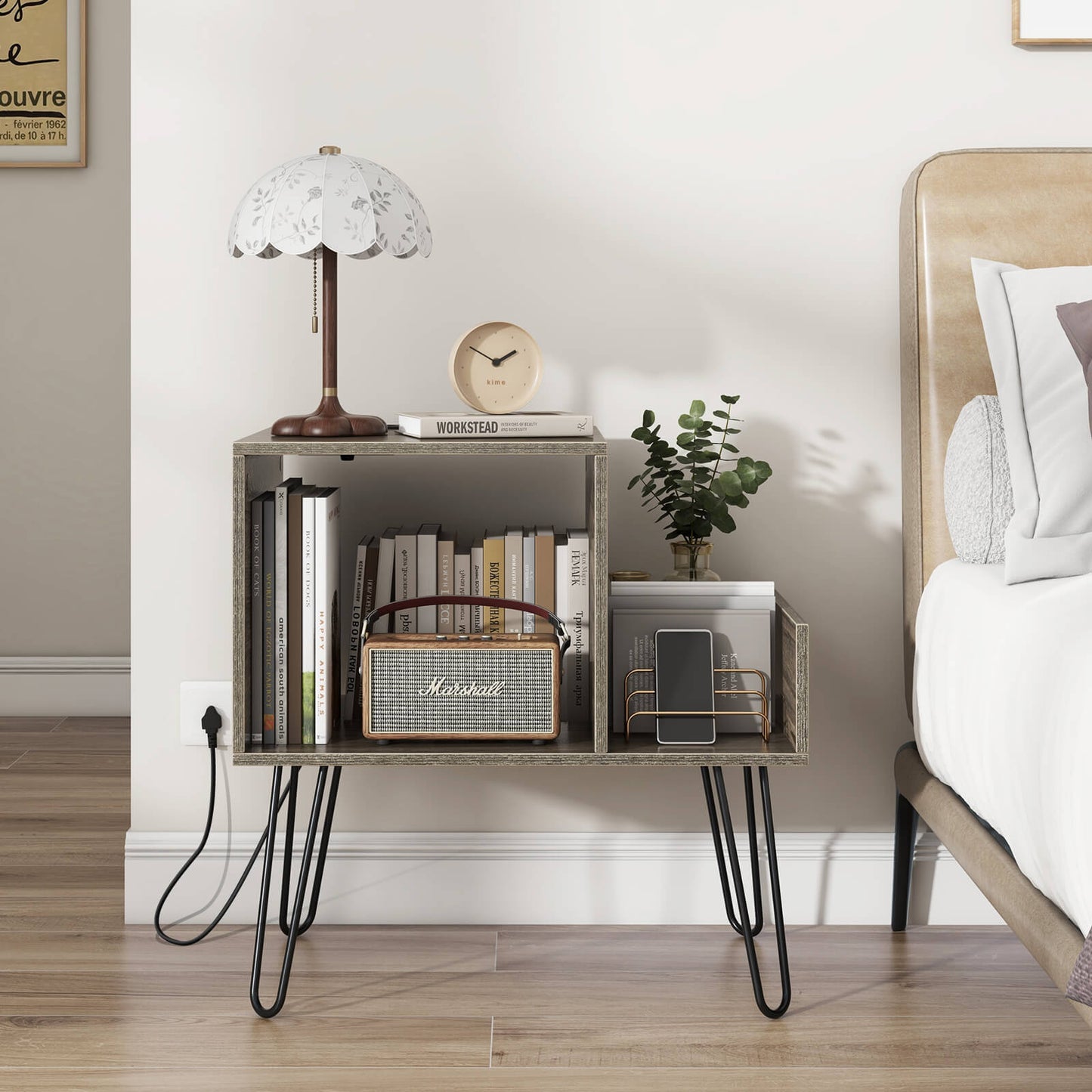 Record Player Stand with Power Outlet and Removable Dividers-Grey