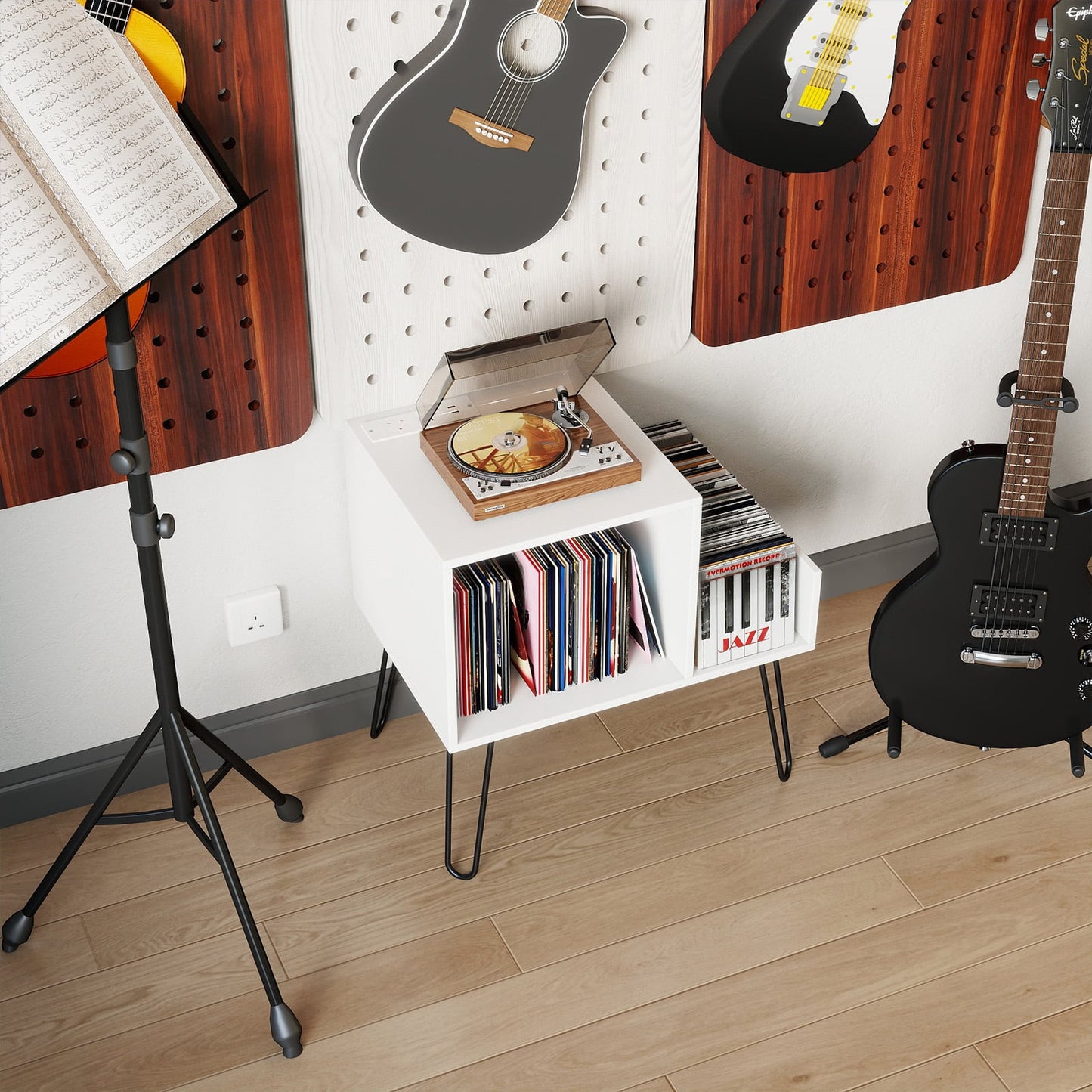 Record Player Stand with Power Outlet and Removable Dividers-White