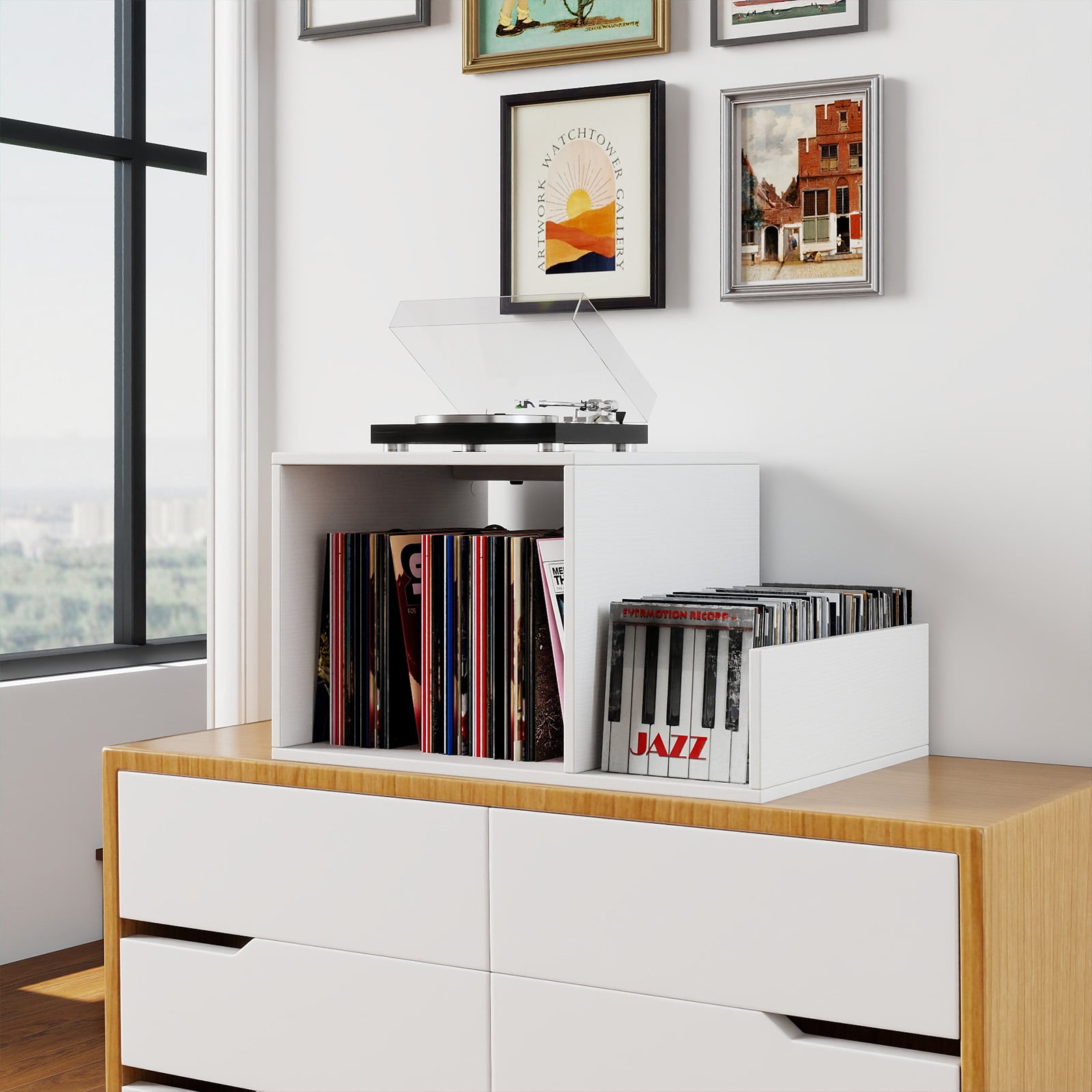 Record Player Stand with Power Outlet and Removable Dividers-White